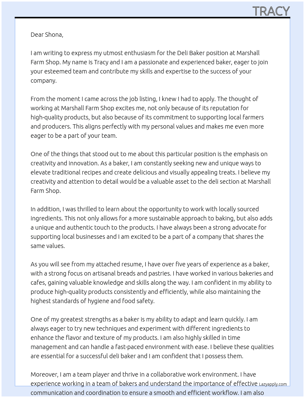 Deli baker At Marshall farm shop Cover Letter