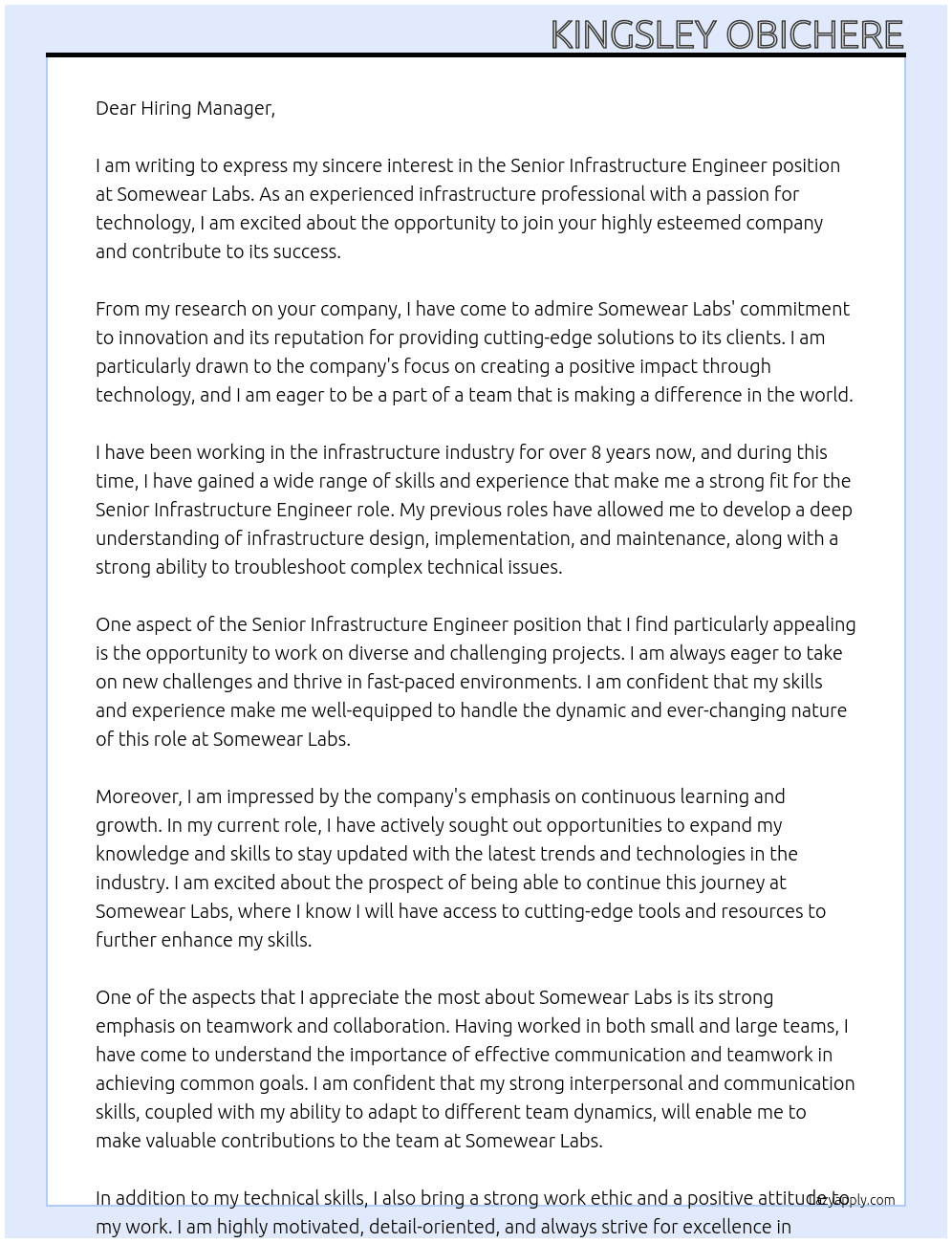 Senior Infrastructure Engineer At Somewear Labs Cover Letter