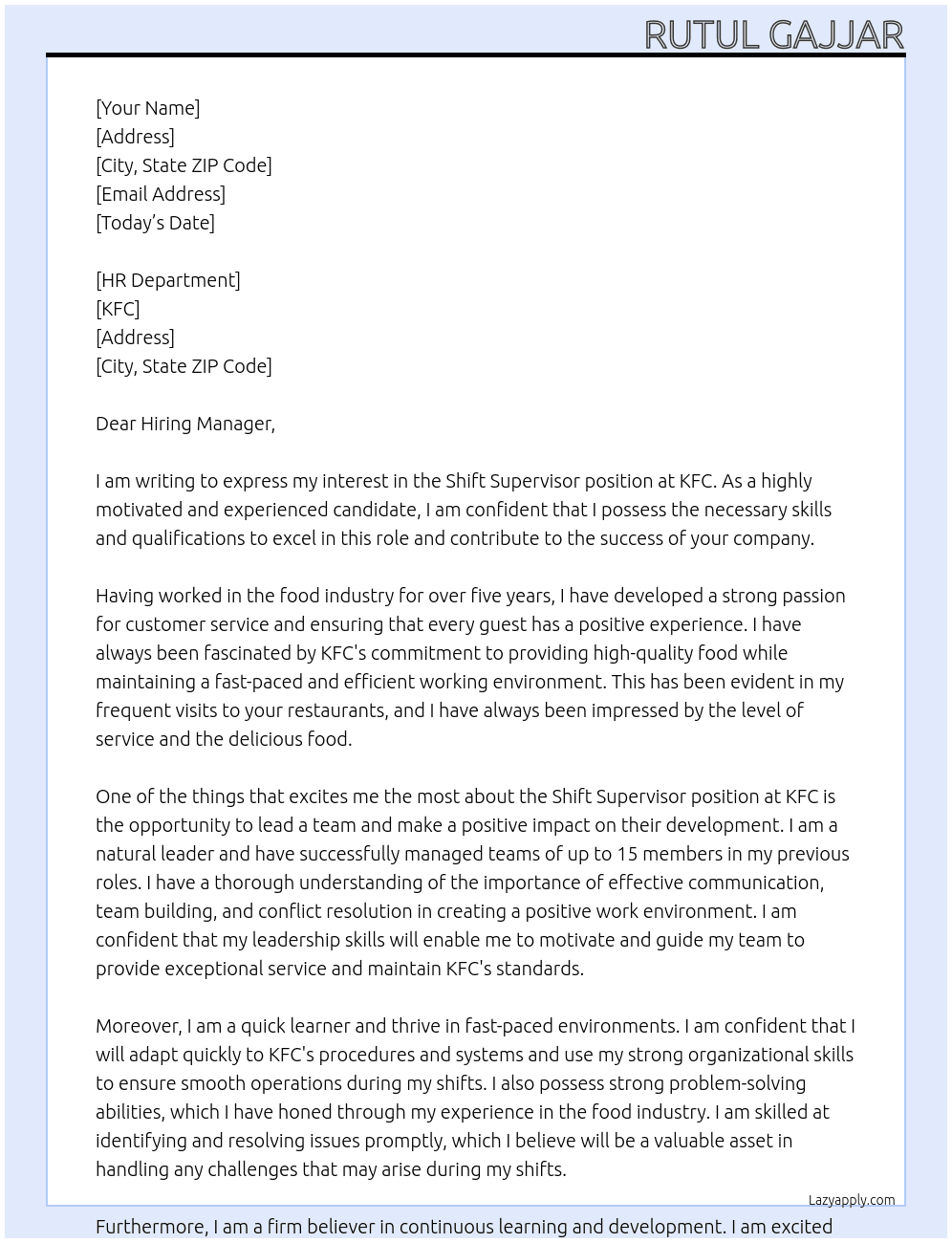 Shift Supervisor At KFC Cover Letter