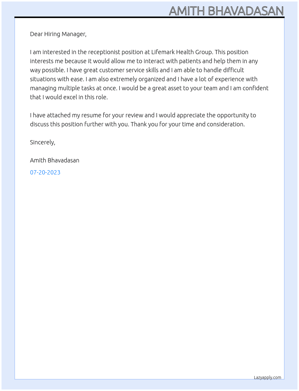 Receptionist At Lifemark Health Group  Cover Letter