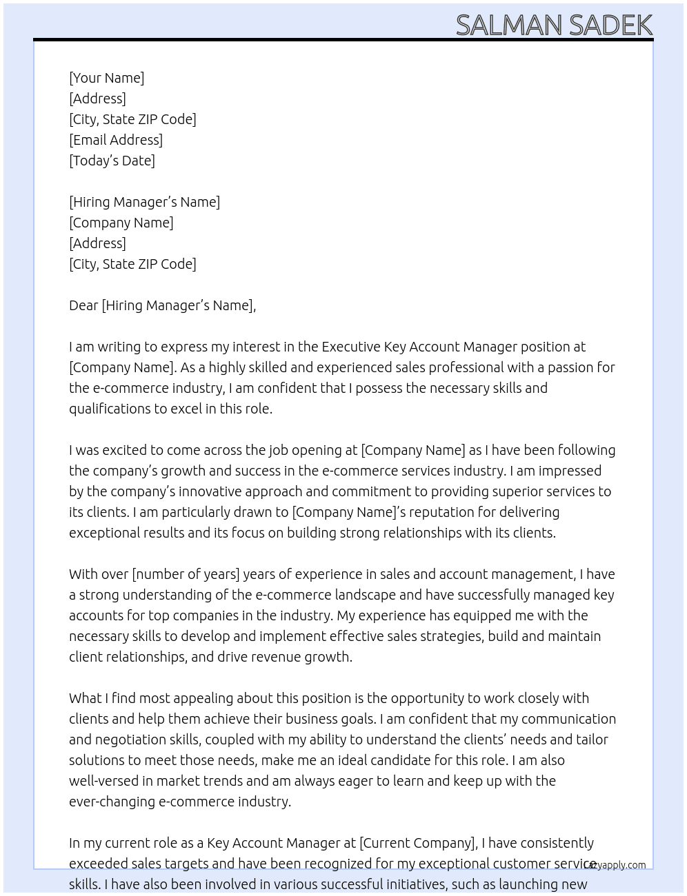 Executive, Key Account Manager (E-Commerce Services) At SSL Wireless Cover Letter