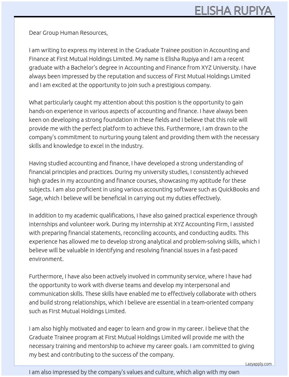 Graduate Trainee : Accounting and Finance At First Mutual Holdings Limited  Cover Letter