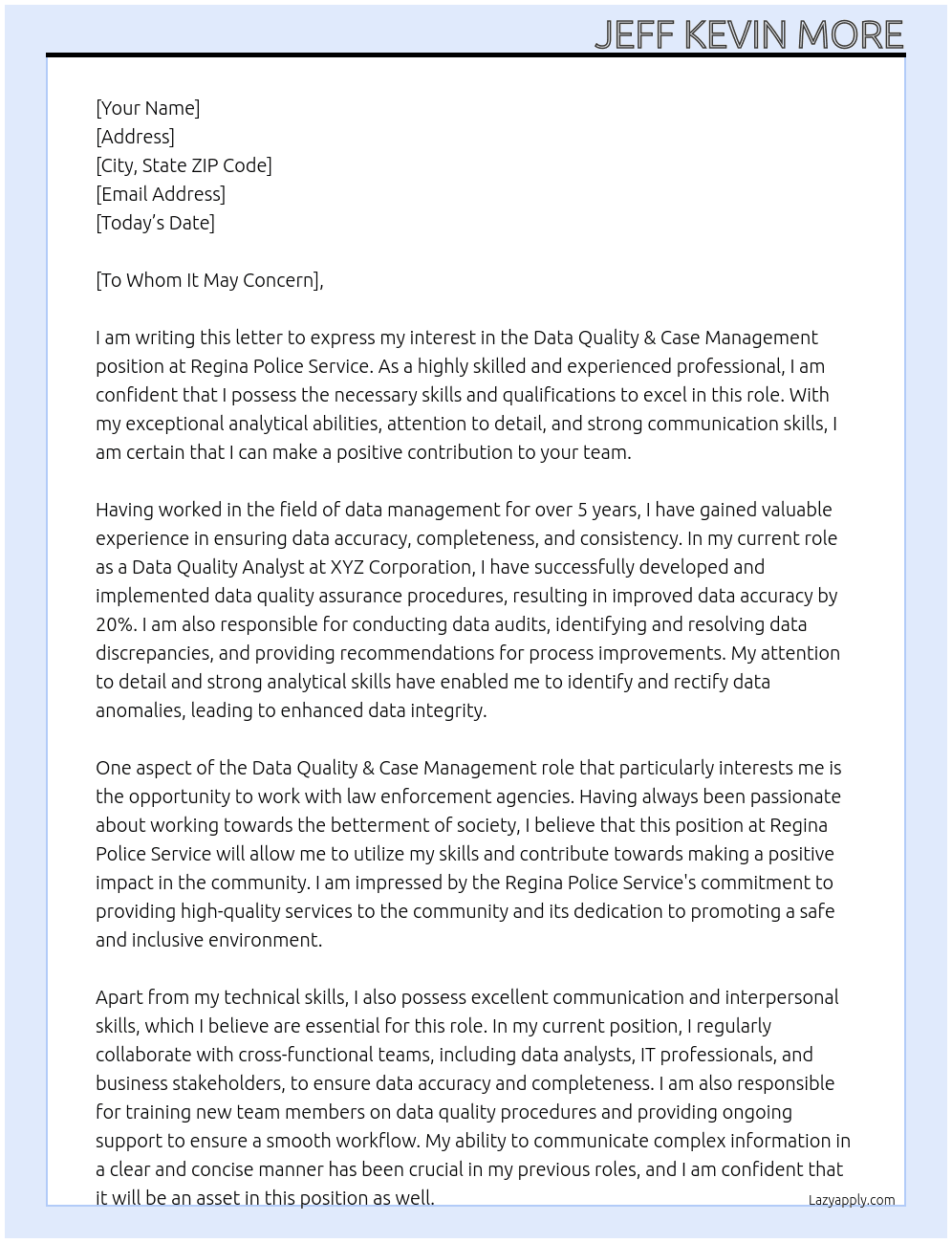 Data Quality & Case Management At Regina Police Service Cover Letter