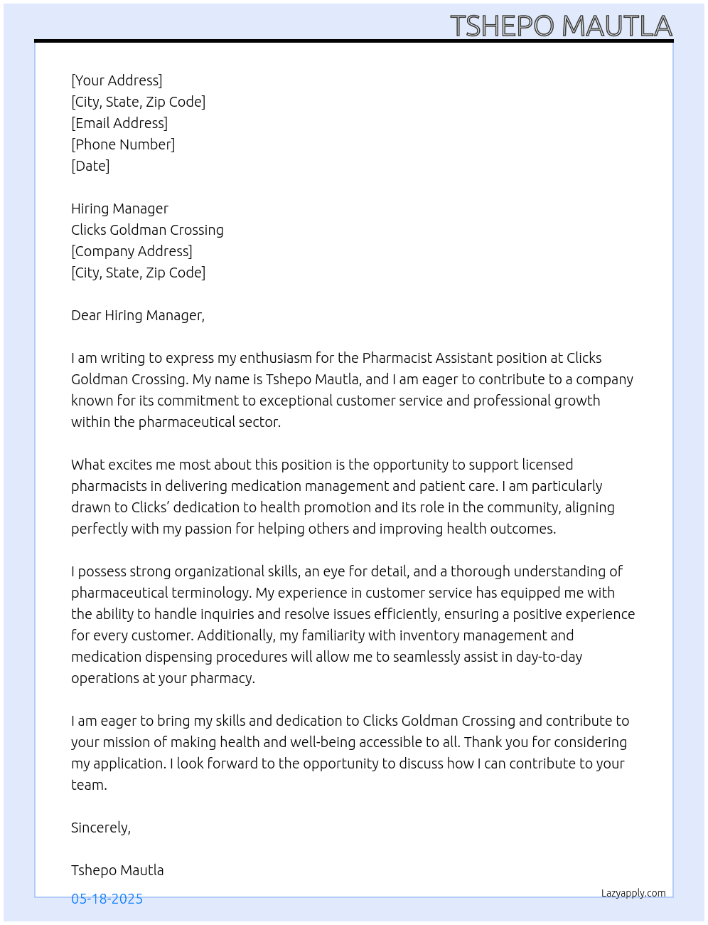 PHARMACIST ASSISTANT QPB At PHARMACIST ASSISTANT QPB - CLICKS GOLDMAN CROSSING Cover Letter