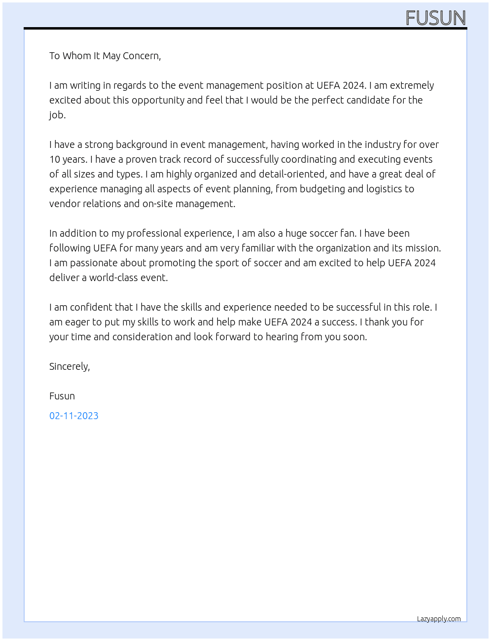 event management At UEFA 2024  Cover Letter