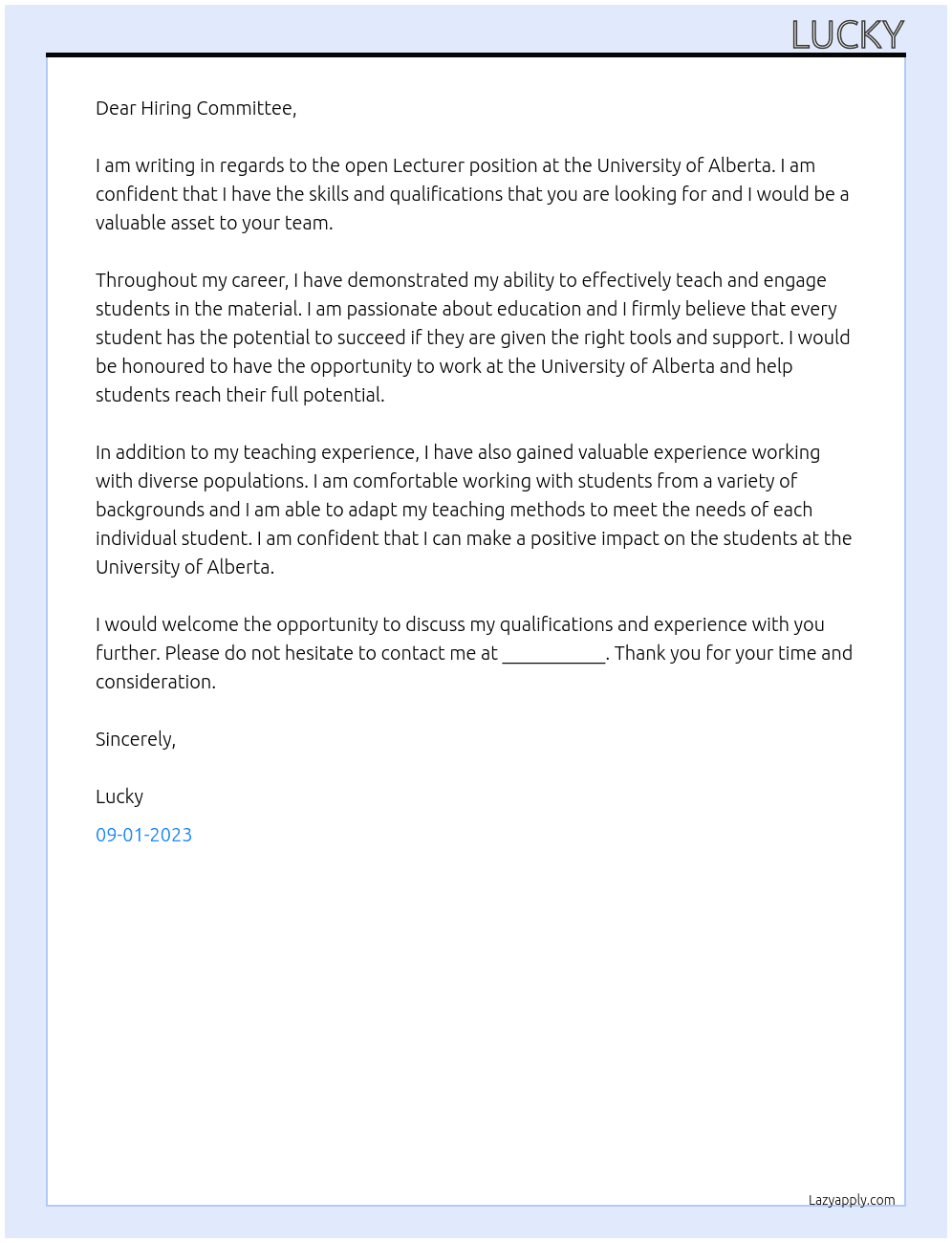Lecturer At University of Alberta Cover Letter