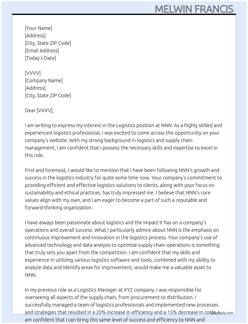 Logistics At NNN Cover Letter