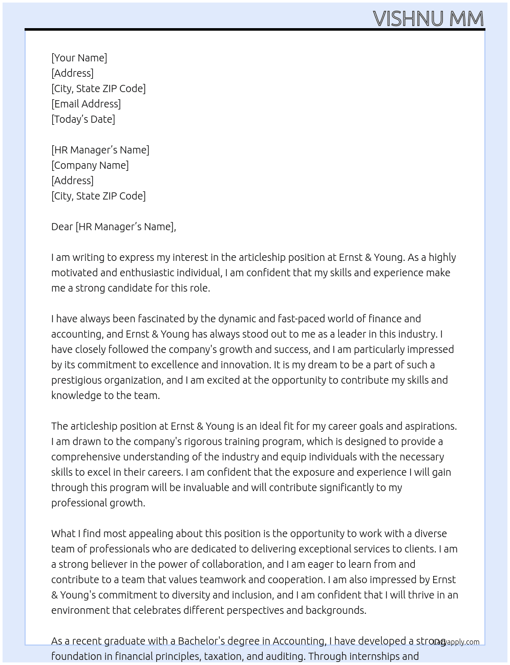 articleship At Ernst & Young Cover Letter