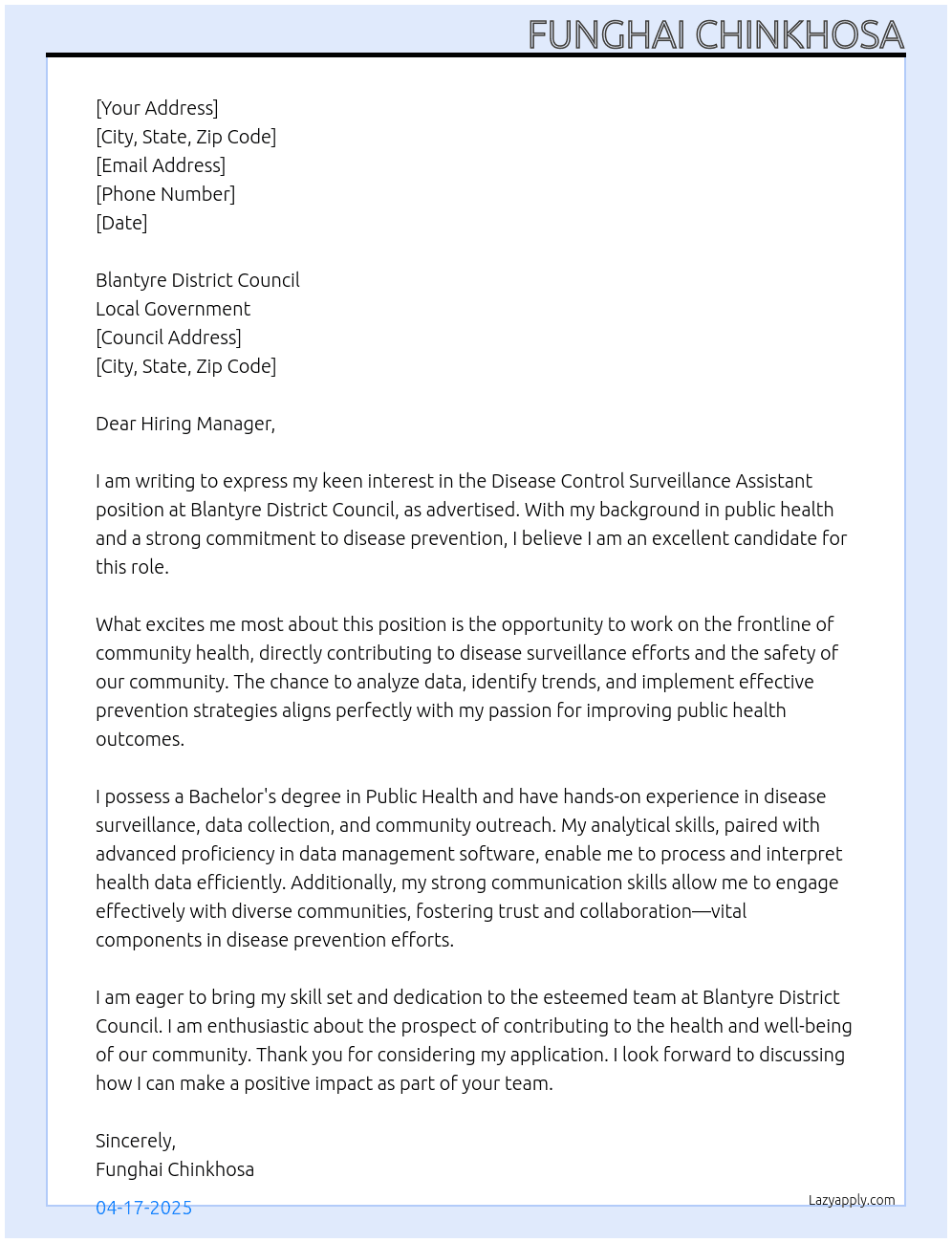 Disease control surveillance assistants At Local government Cover Letter