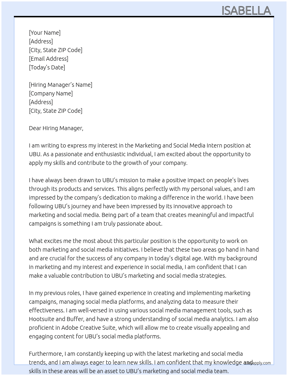 Marketing and Social Media Intern At UBU Cover Letter