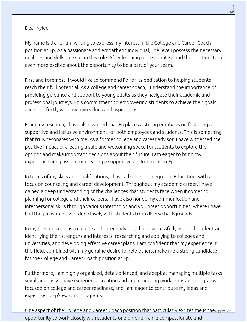College and career coach At Fp Cover Letter