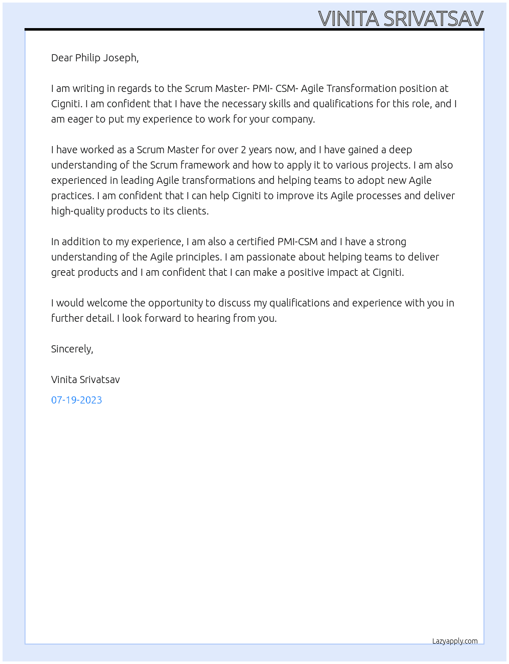  Scrum Master- PMI- CSM- Agile Transformation At Cigniti Cover Letter
