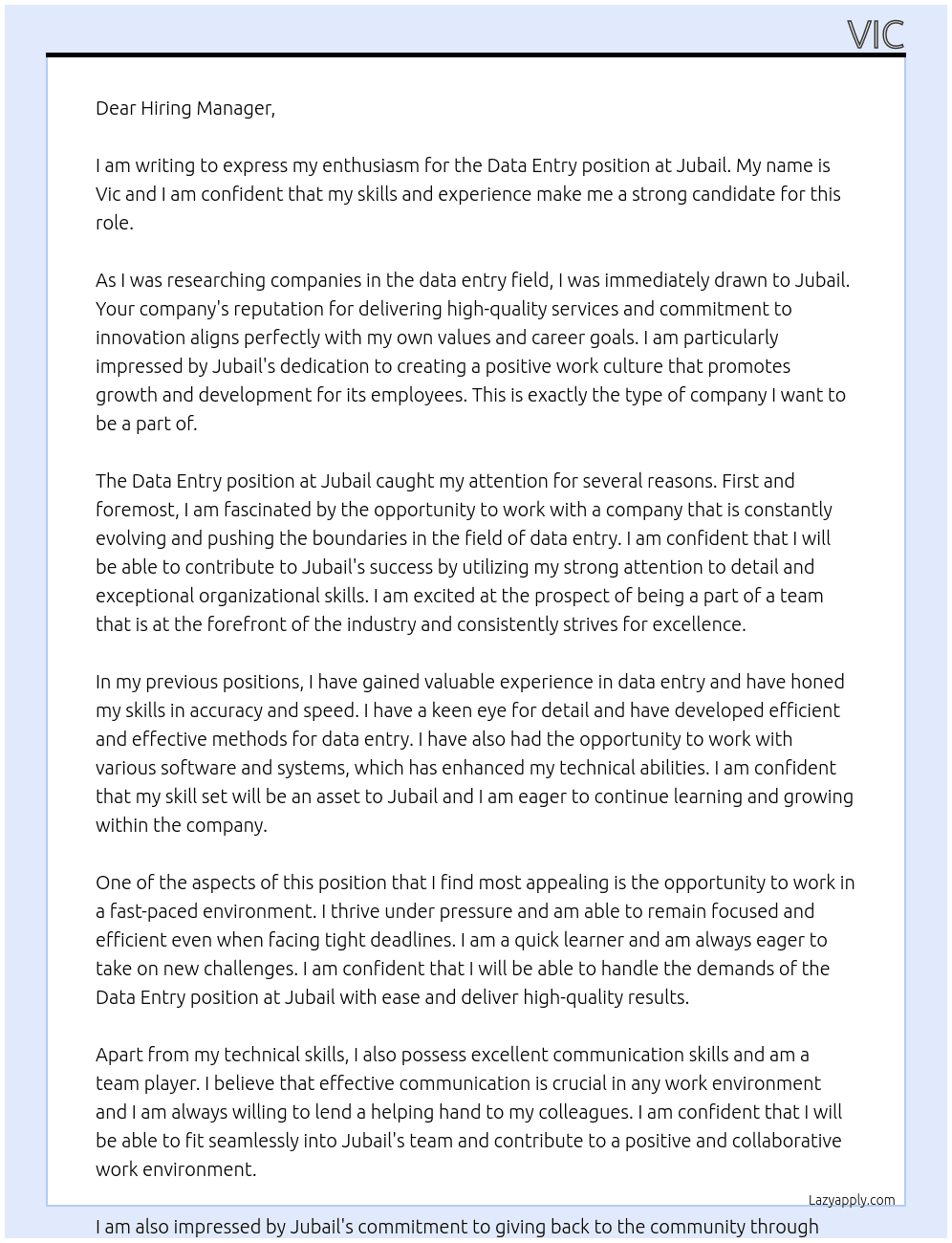 Data entry At Jubail Cover Letter