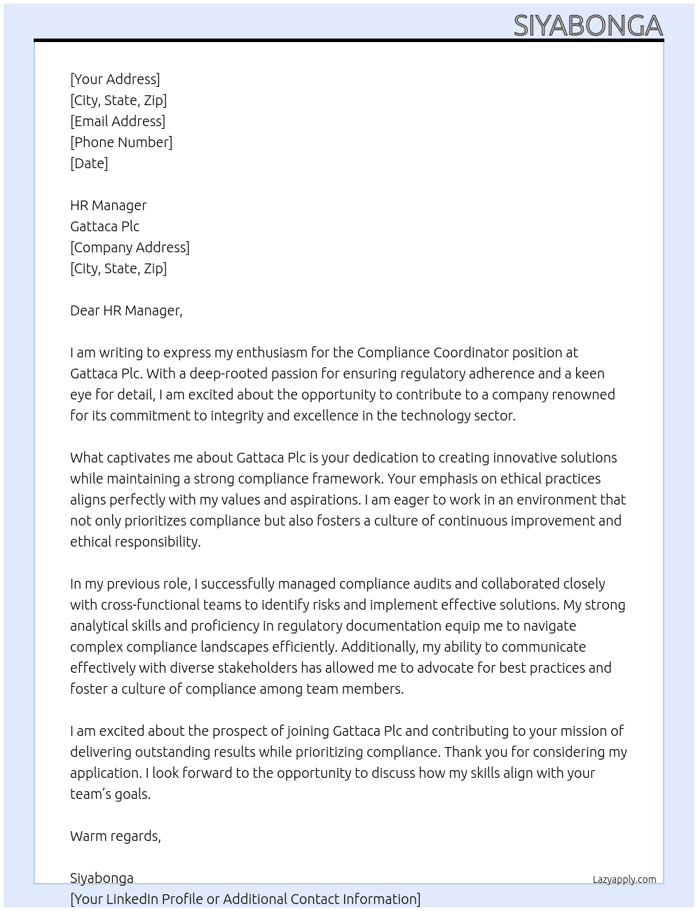 compliance coordinator At Gattaca Plc Cover Letter
