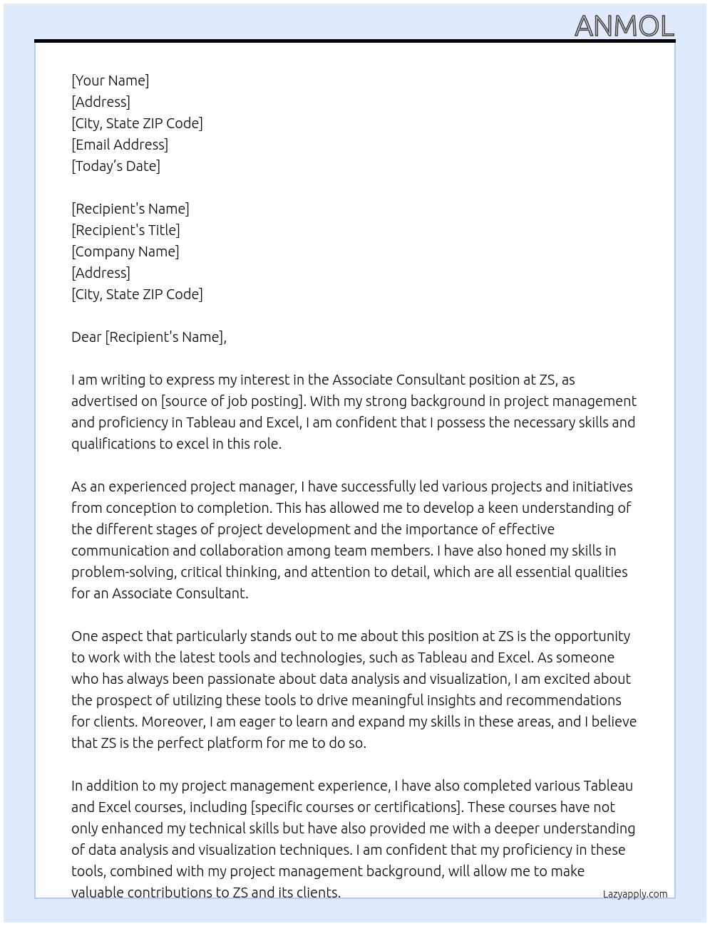 Associate consultant At ZS Cover Letter