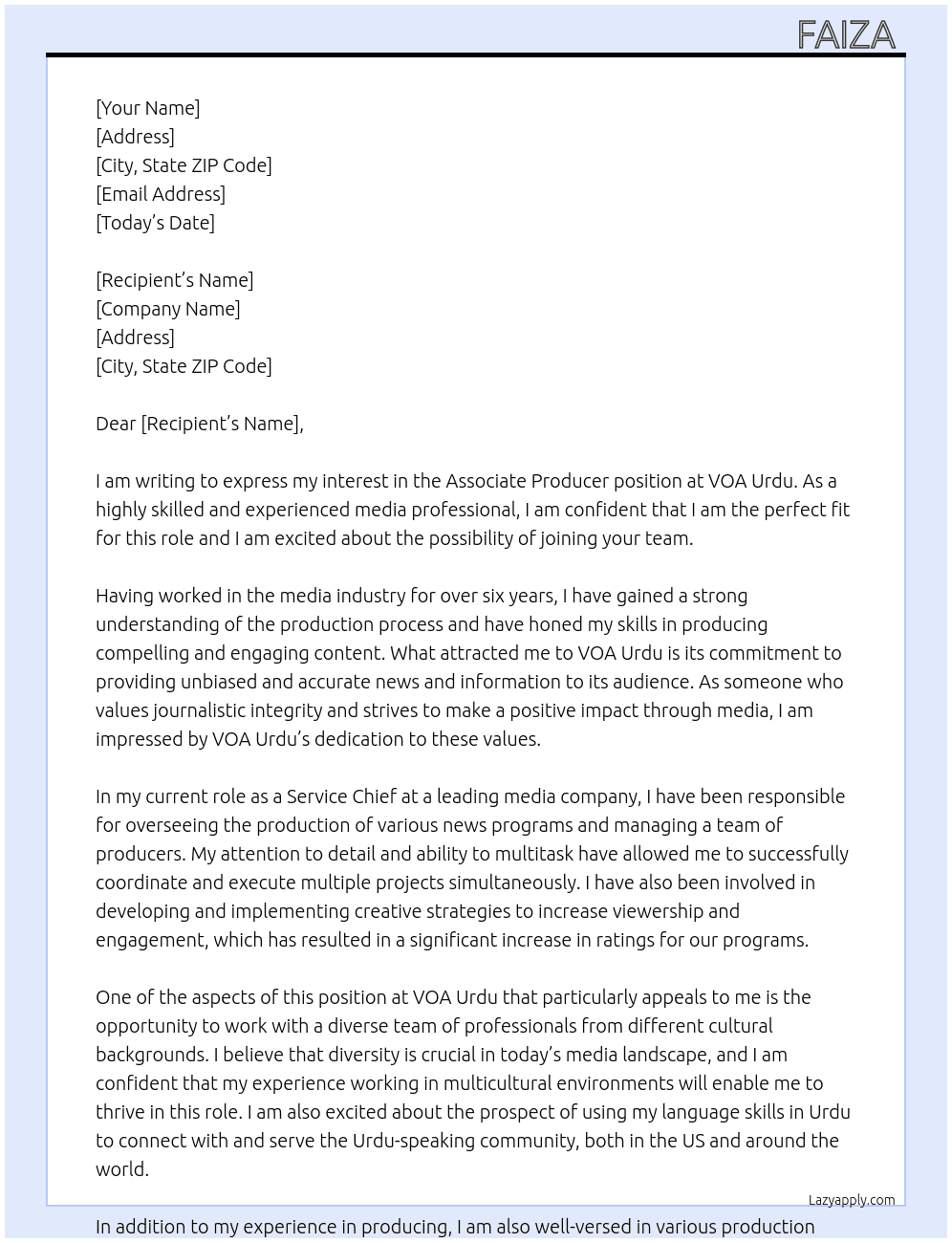 Associate producer  At VOA Urdu  Cover Letter