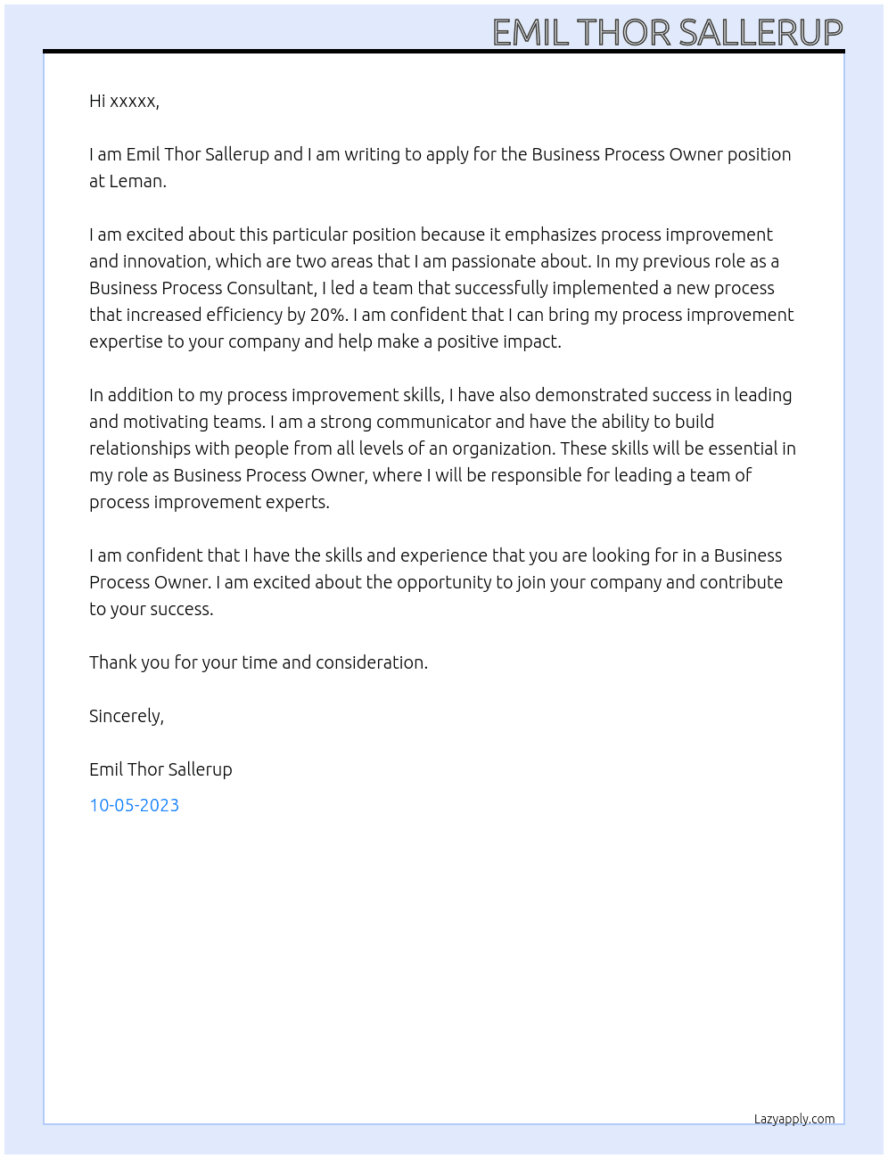 Business Process Owner At Leman Cover Letter