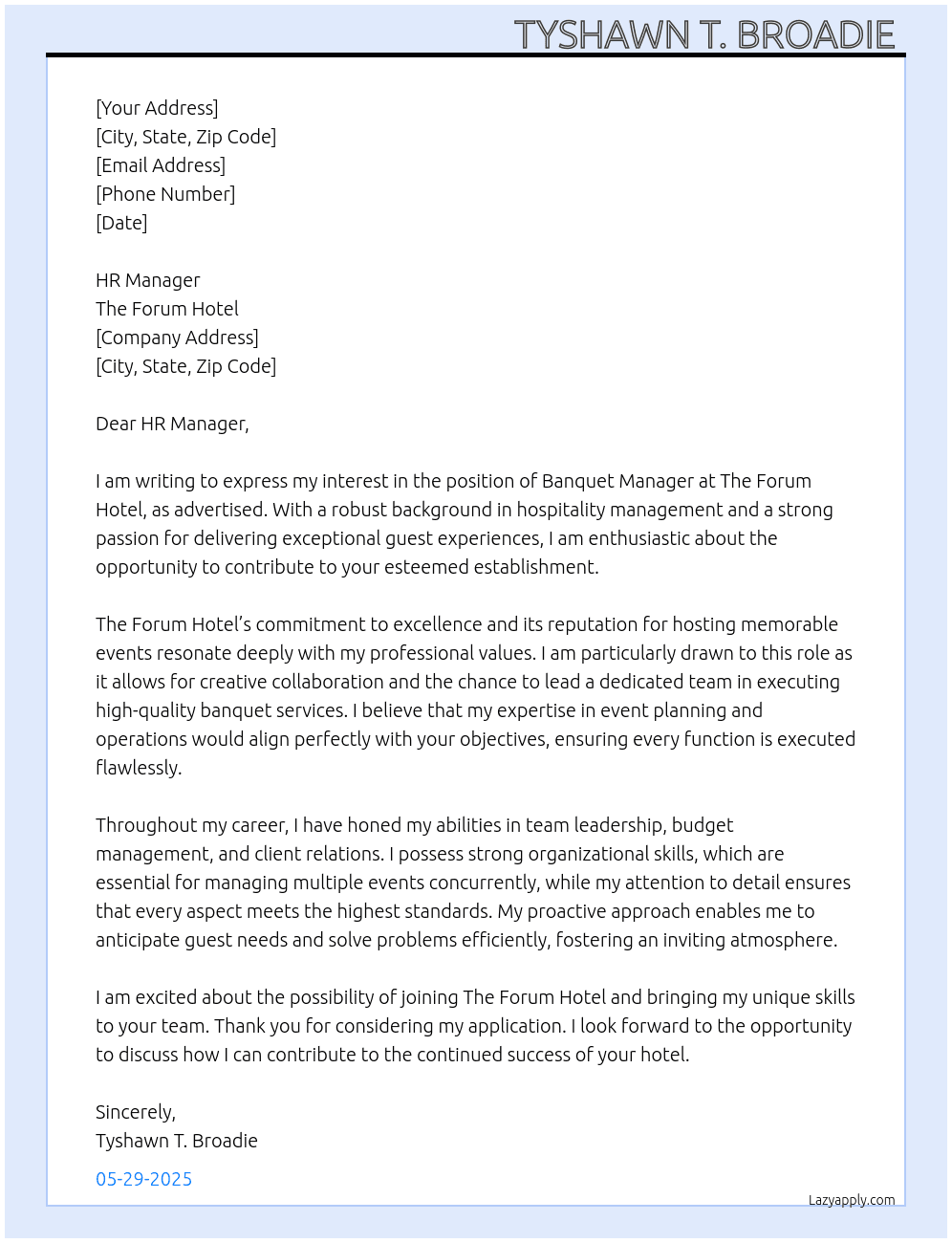 Banquet manager  At The Forum hotel  Cover Letter