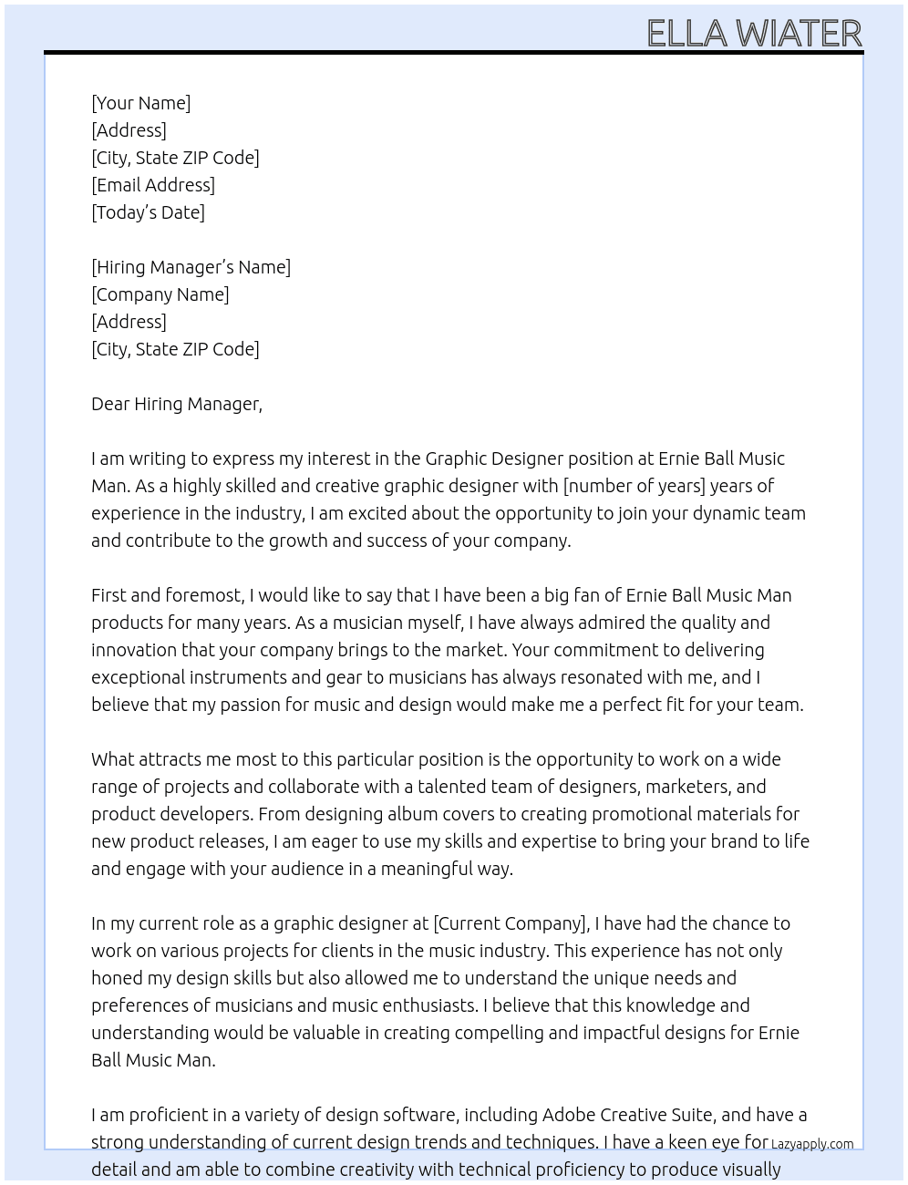 Graphic Designer At Ernie Ball Music Man Cover Letter