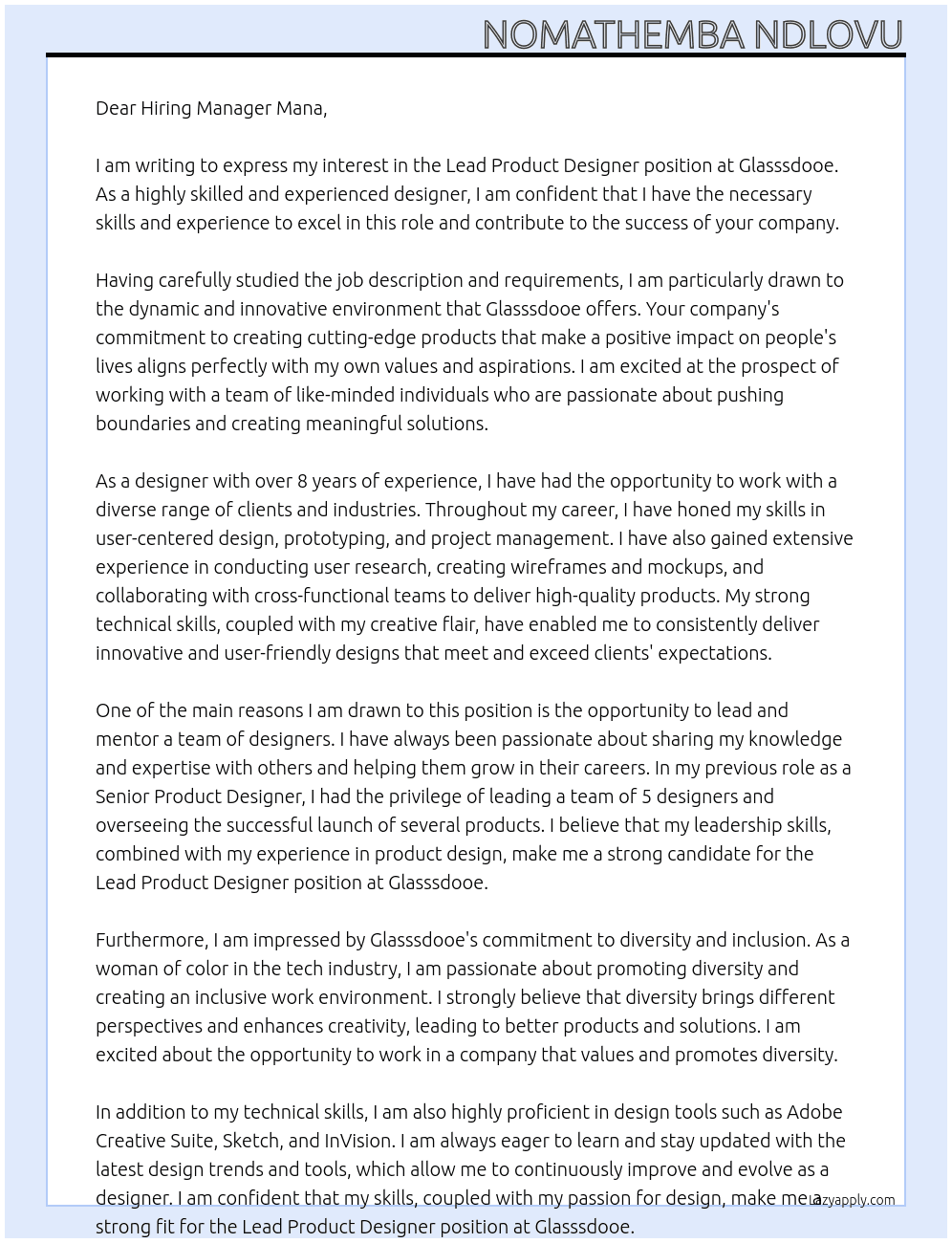 Lead Product Designer At Glasssdooe Cover Letter