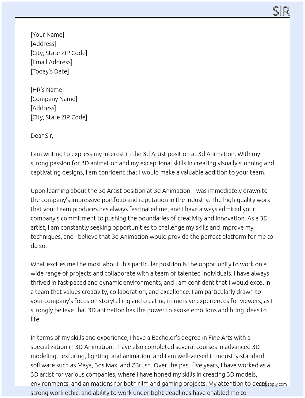3d Artist At 3d animation Cover Letter