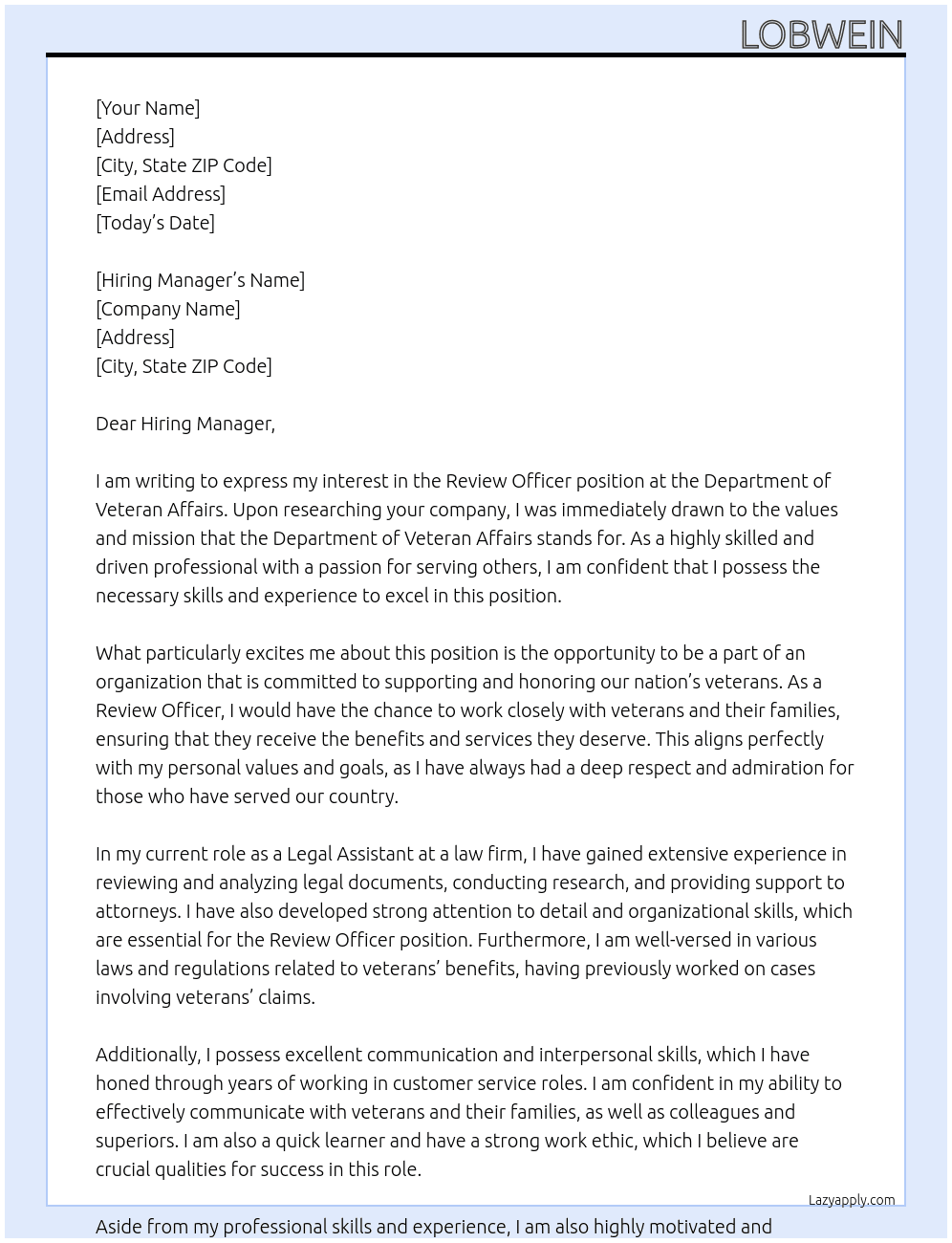 Review officer At Department of Veteran Affairs Cover Letter