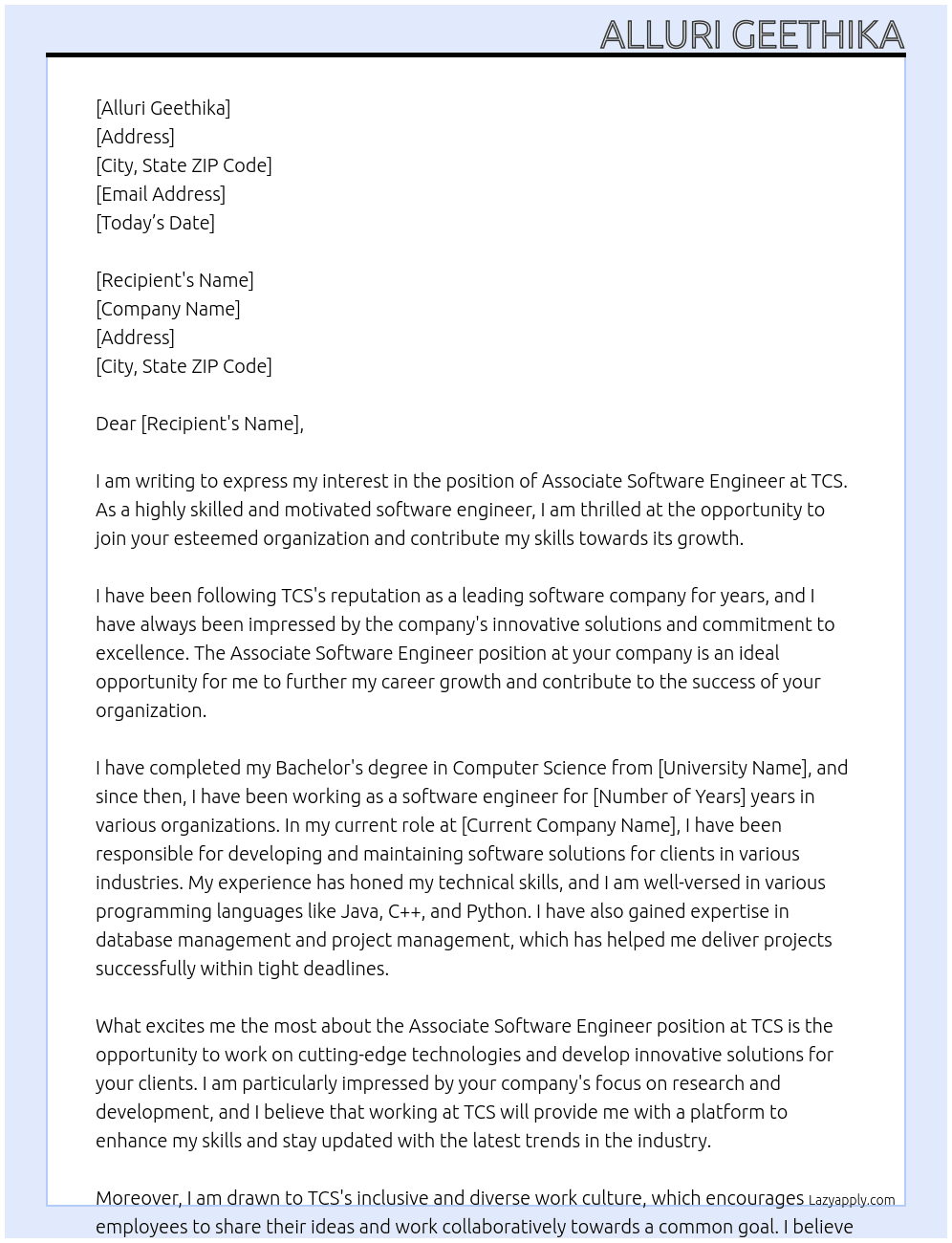 Associate Software engineer At tcs Cover Letter