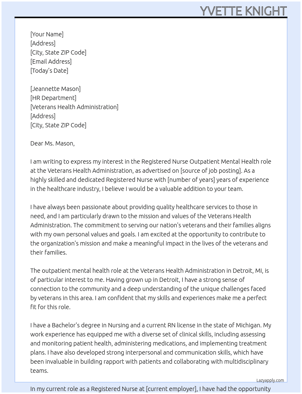 RN At Veterans Health Administration Cover Letter