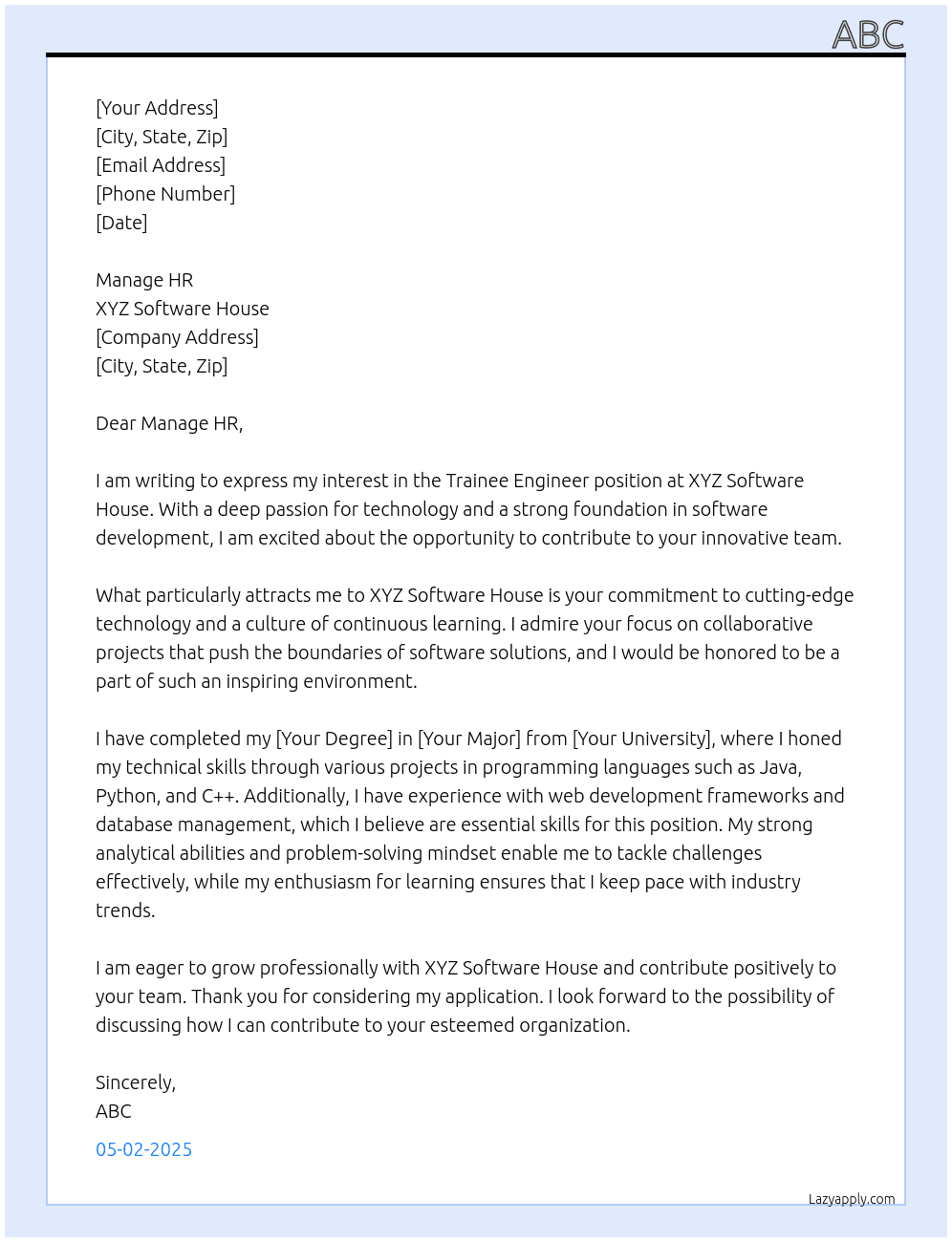 Application for Trainee Engineer Position At XYZ Software house Cover Letter