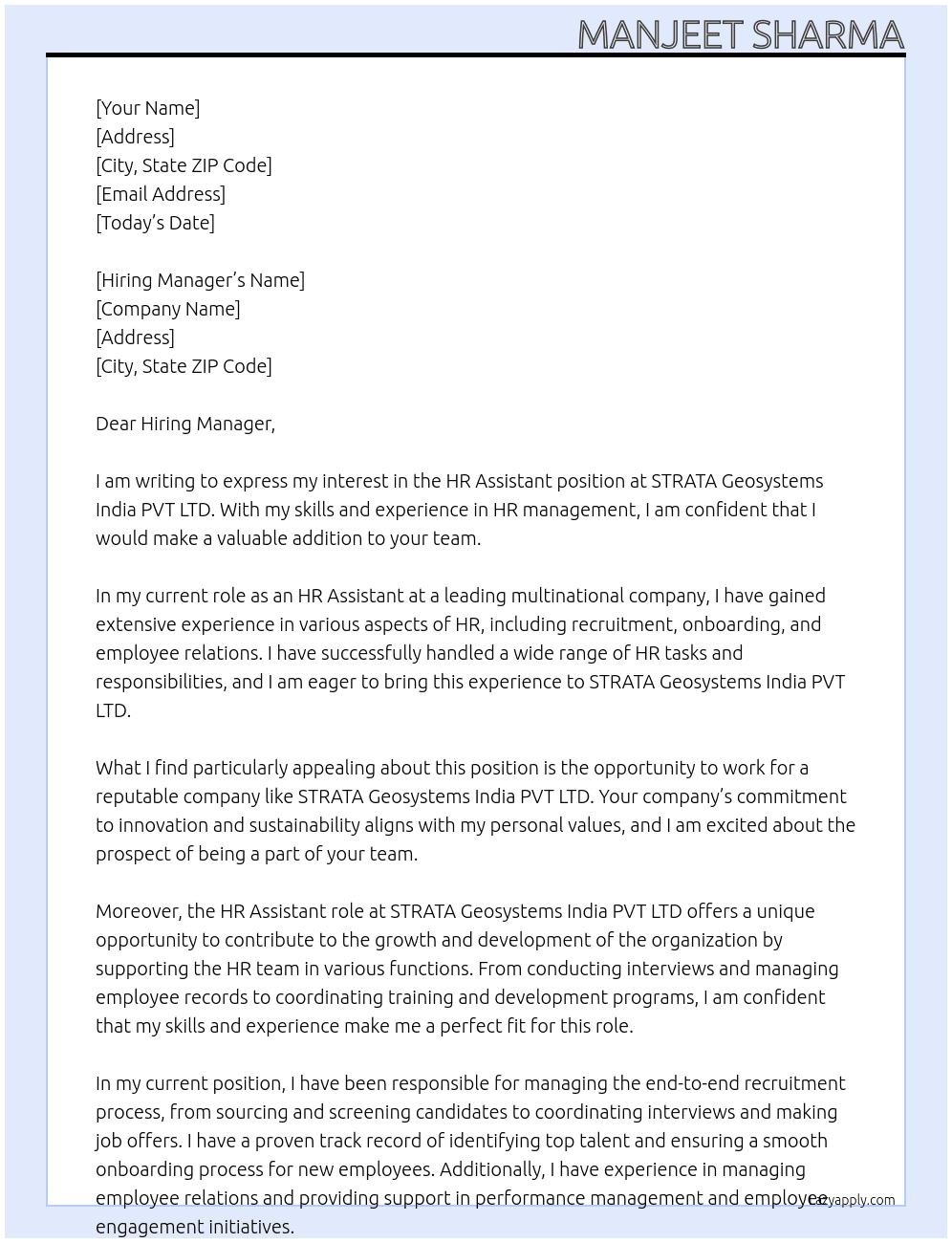 HR Assistant  At STRATA Geosystems India PVT LTD Cover Letter
