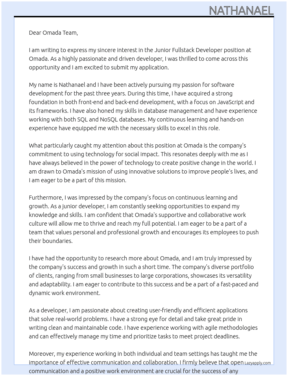 Cover letter for junior fullstack developer - LazyApply