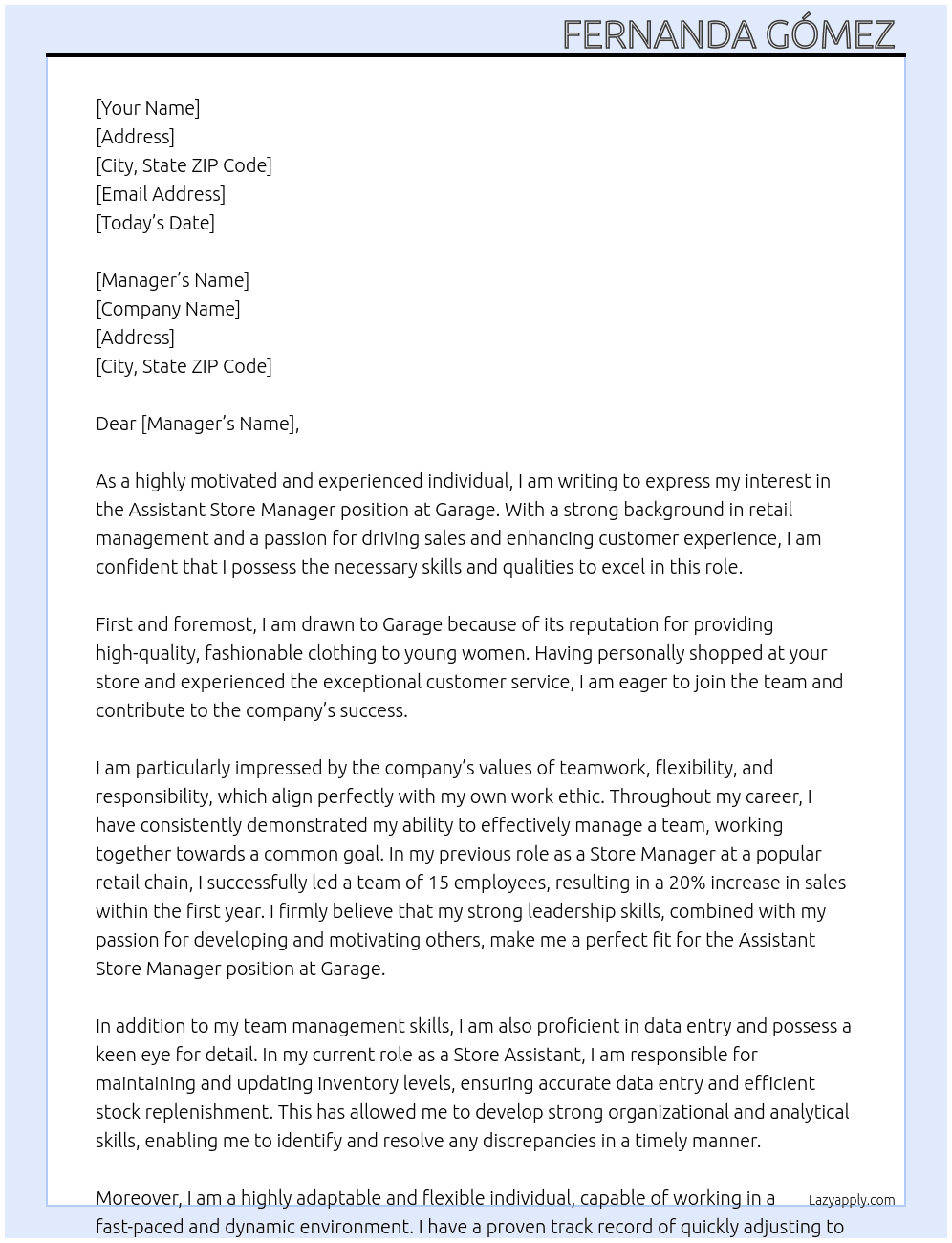 Assistant store manager At Garage Cover Letter