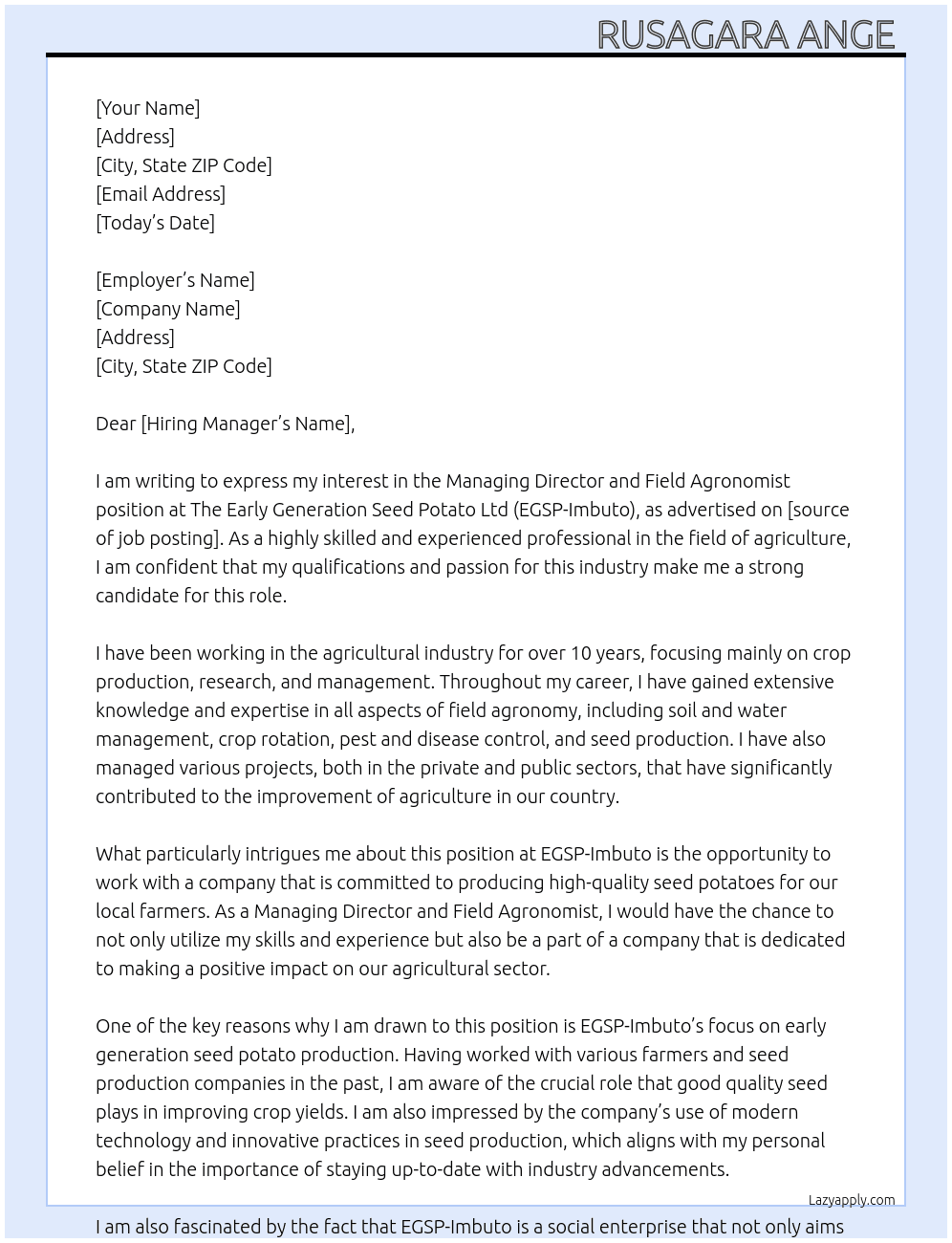 Cover letter for managing director and field agronomist - LazyApply