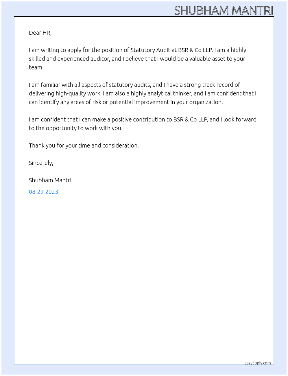 Statutory Audit At BSR & Co LLP Cover Letter