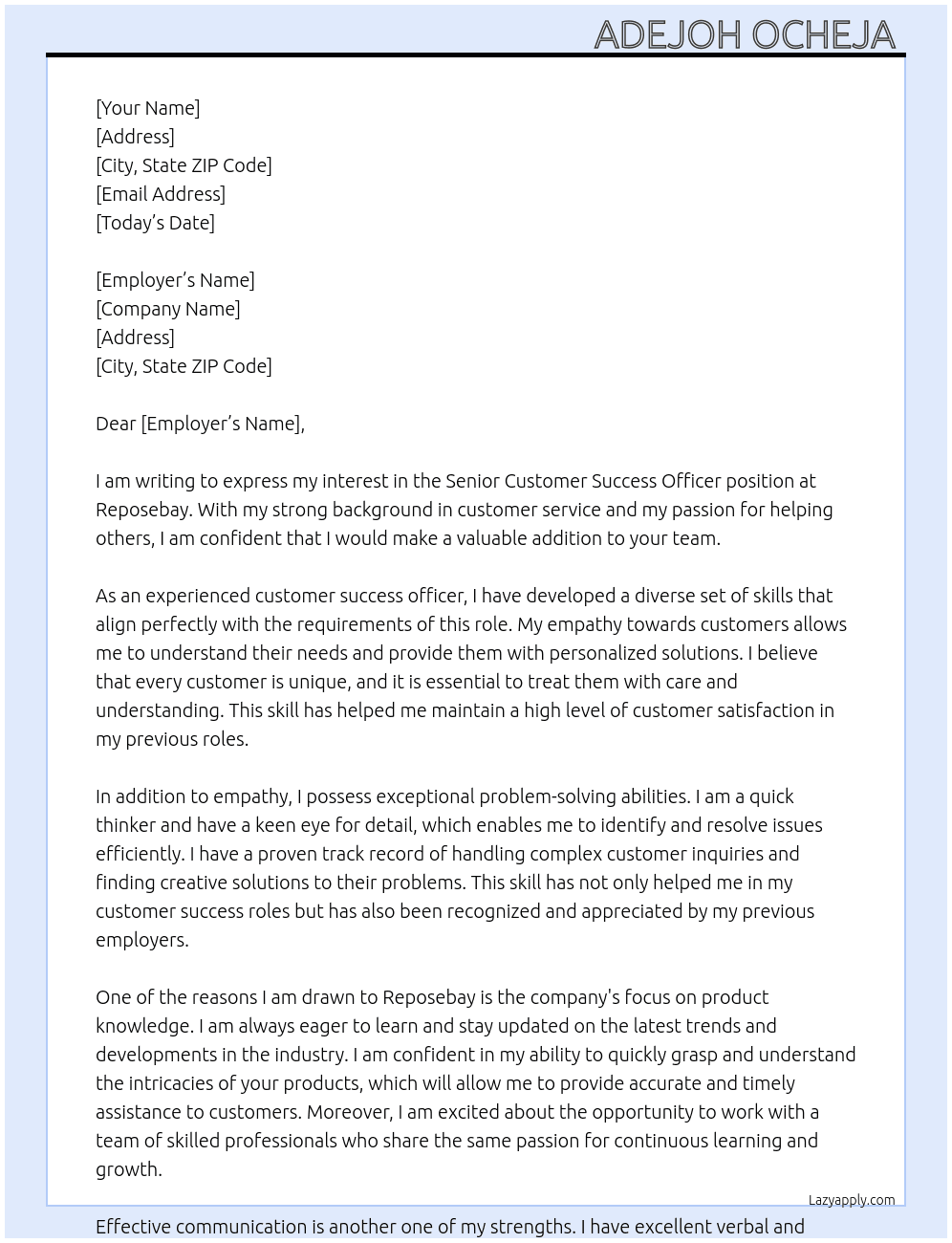 Senior Customer Success Officer At Reposebay  Cover Letter