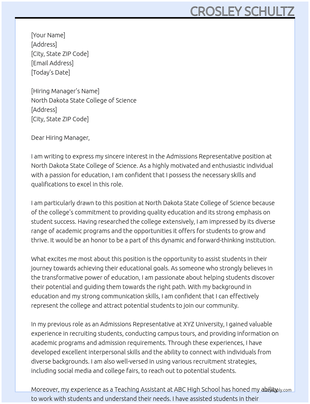 Admissions Representative  At North Dakota State College of Science Cover Letter