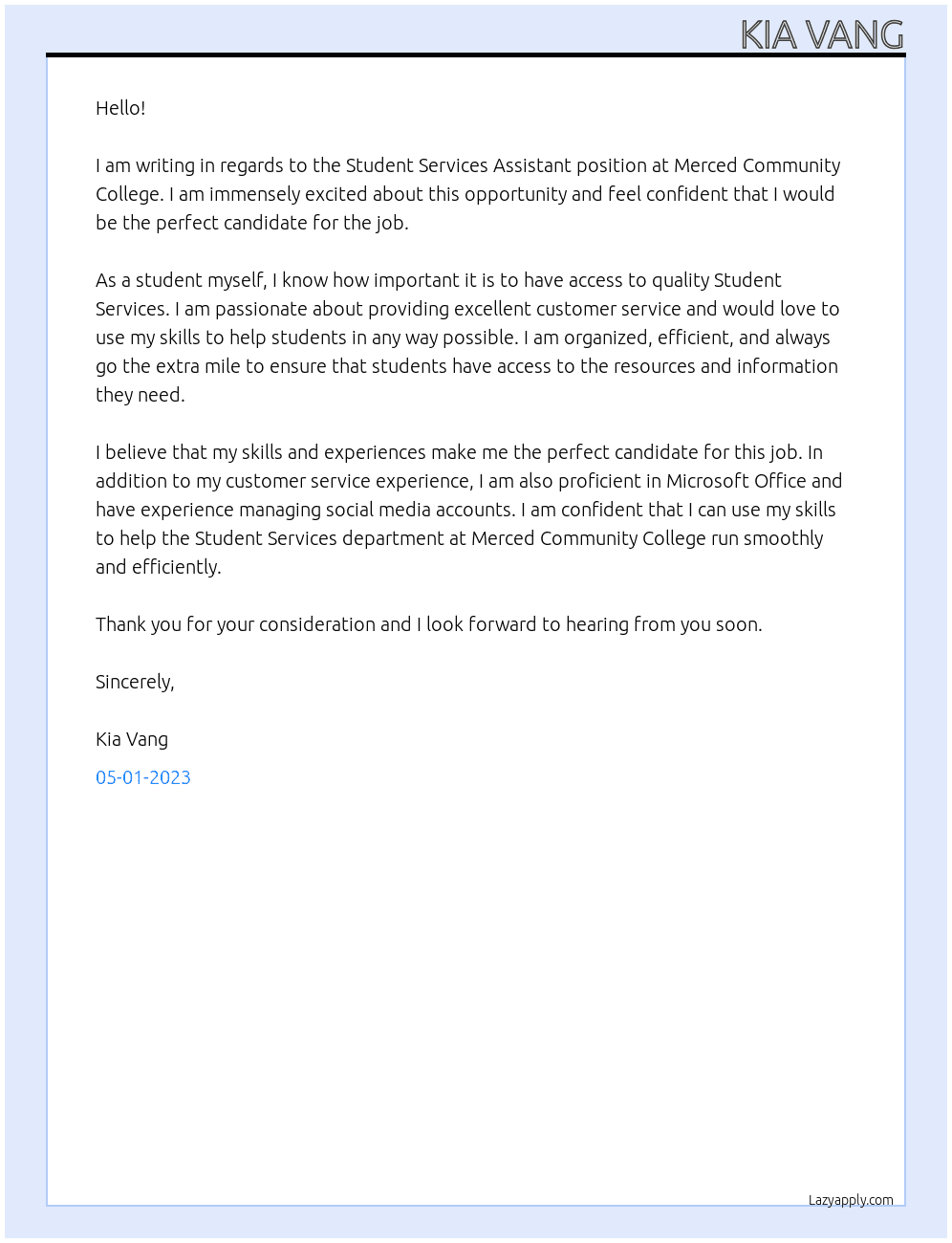 Student Services Assistant At Merced Community College Cover Letter