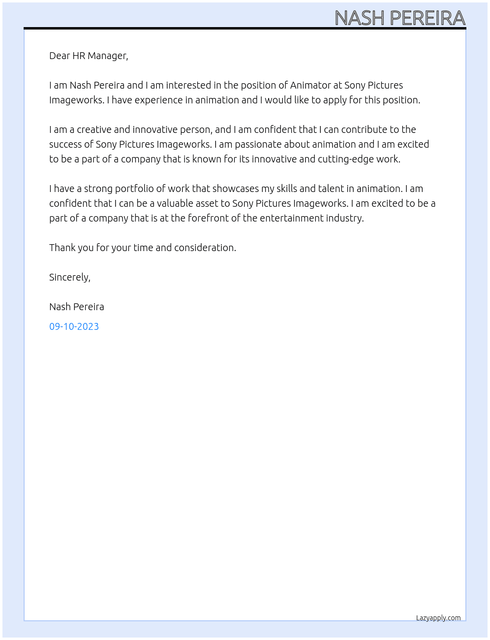 Animator At Sony Pictures Imageworks Cover Letter