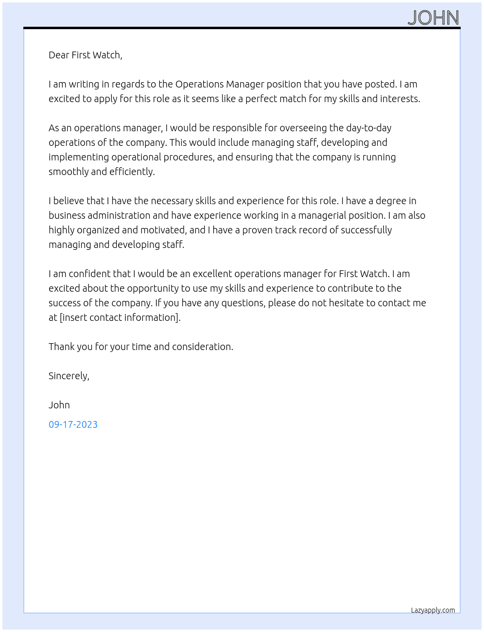 Operations Manager  At First watch Cover Letter