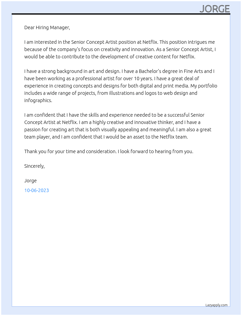 Senior concept artist At netflix Cover Letter