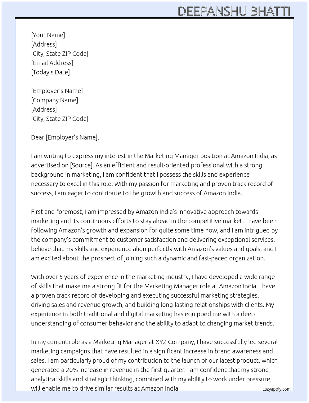 Marketing manager  At Amazon India  Cover Letter