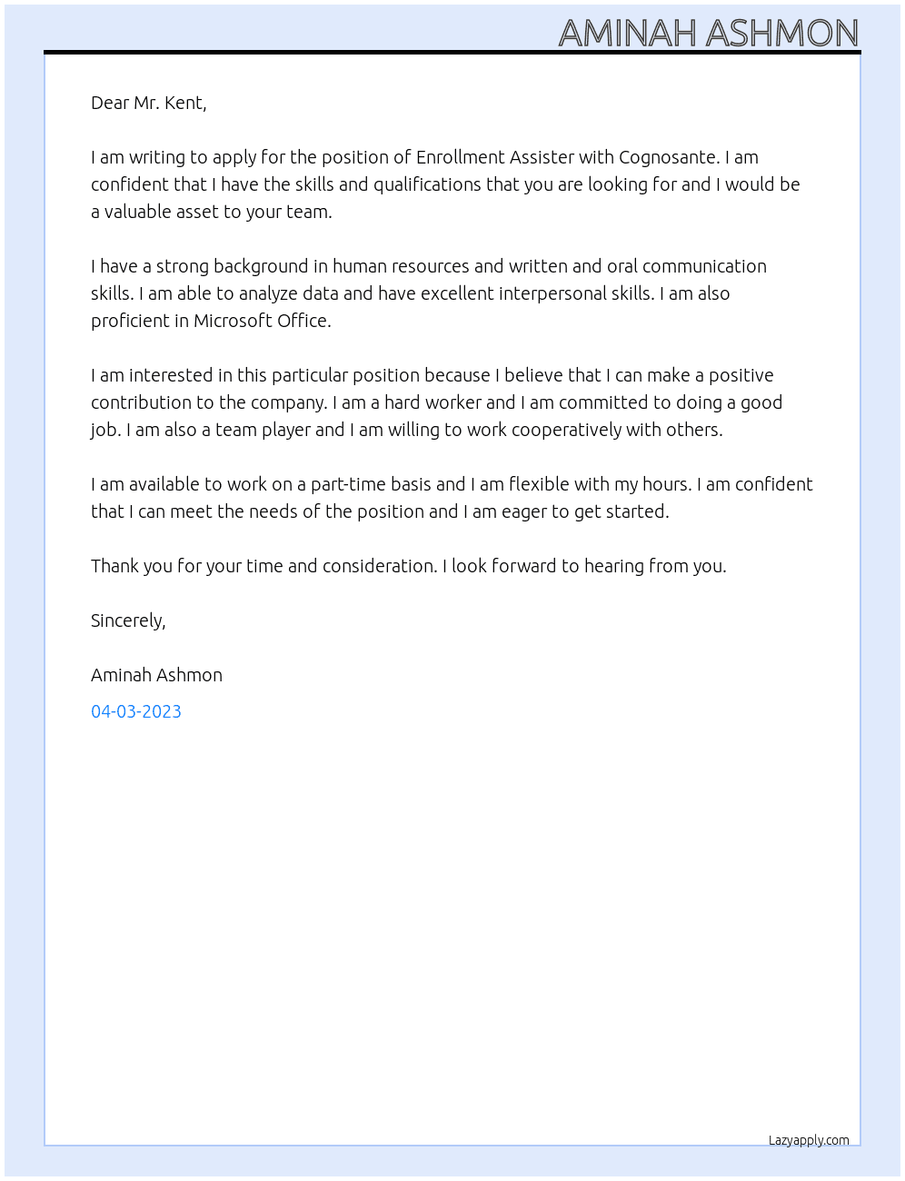 Enrollment Assister At Cognosante Cover Letter