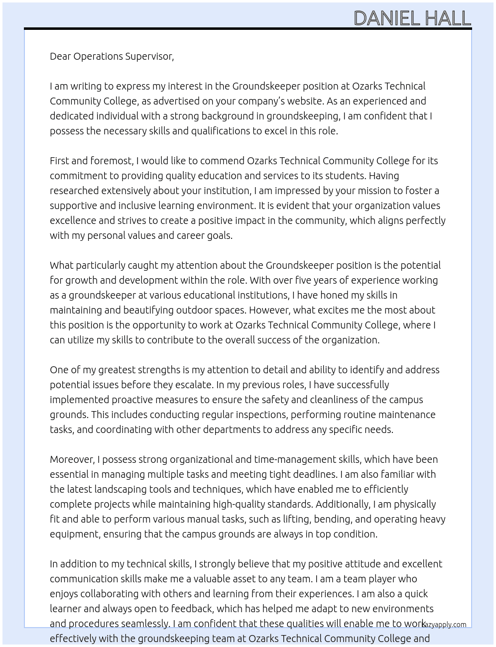 Groundskeeper At Ozarks Technical Community College Cover Letter