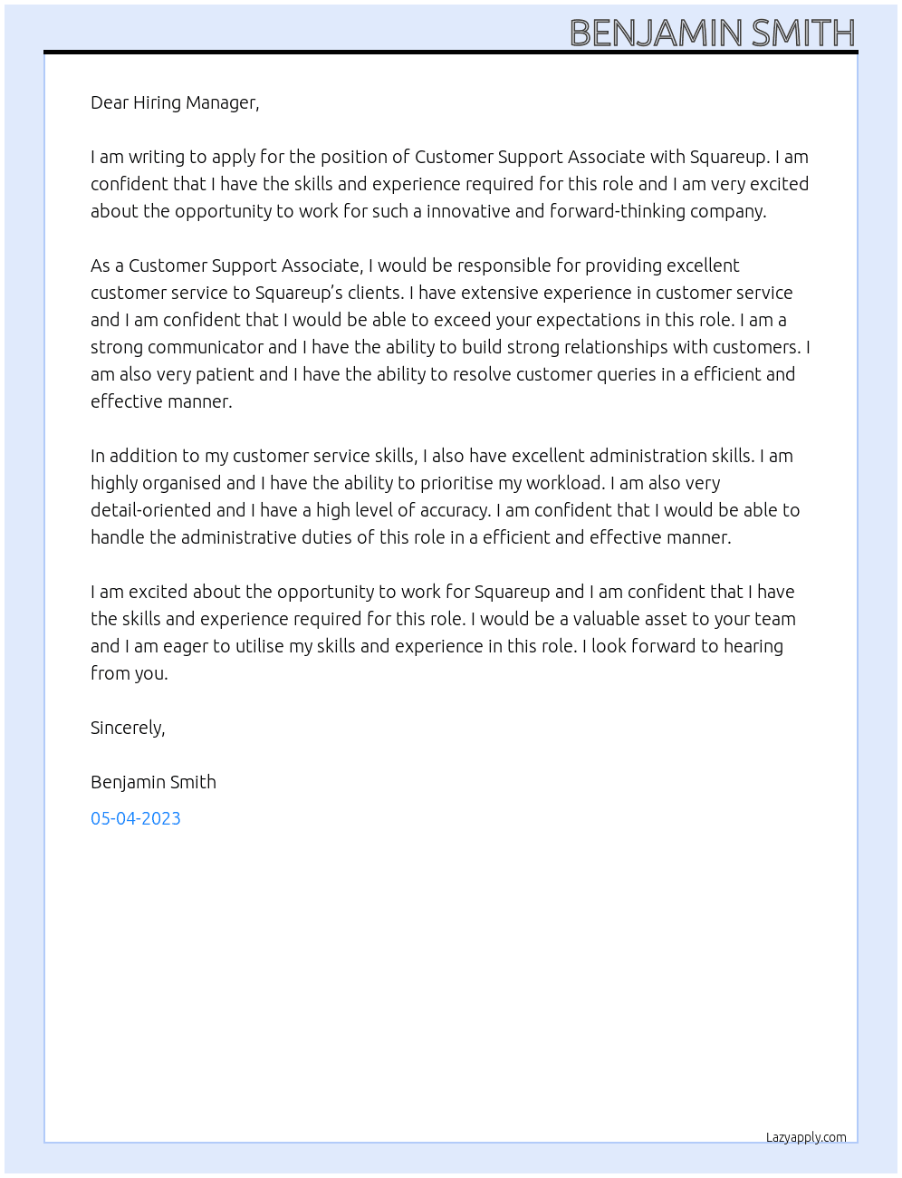 Customer Support Associate At Squareup Cover Letter