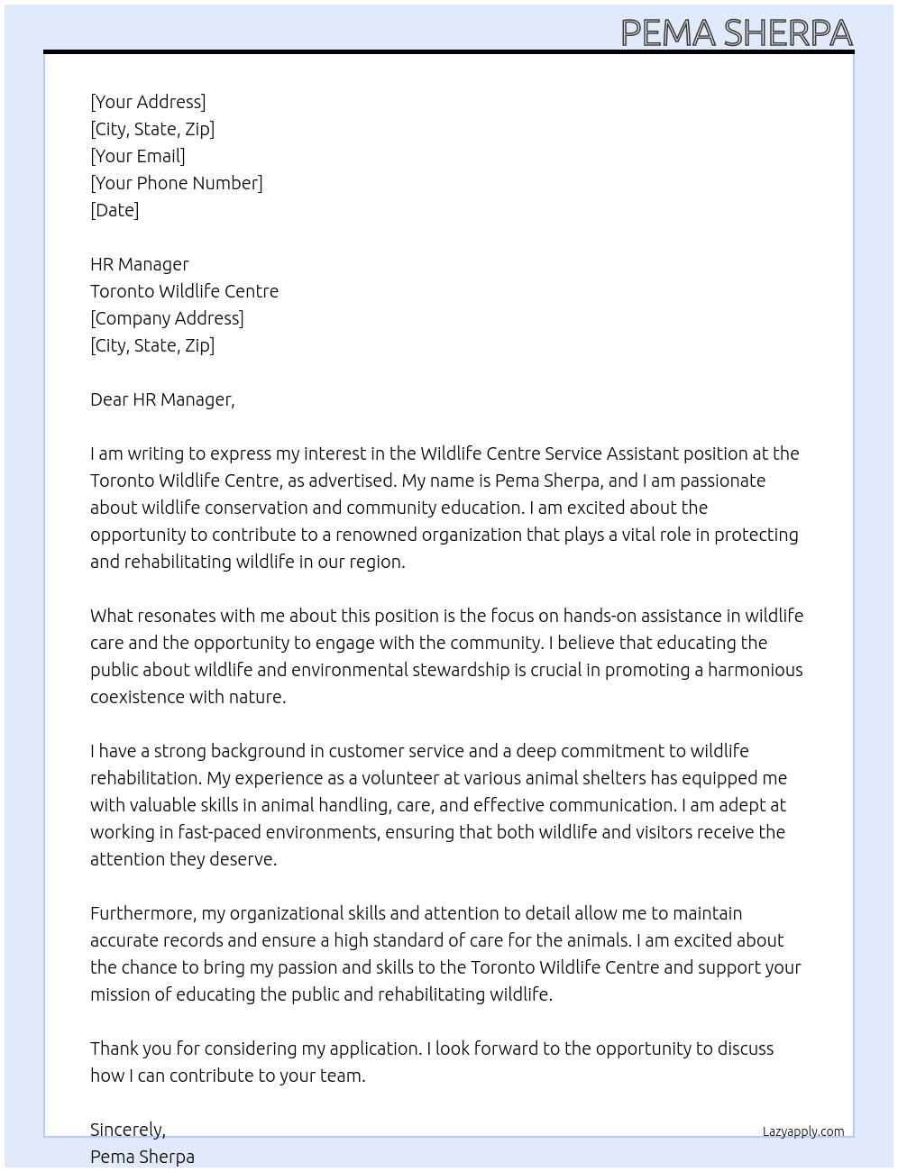 WILDLIFE CENTRE SERVICE ASSISTANT At TORONTO WILDLIFE CENTRE Cover Letter