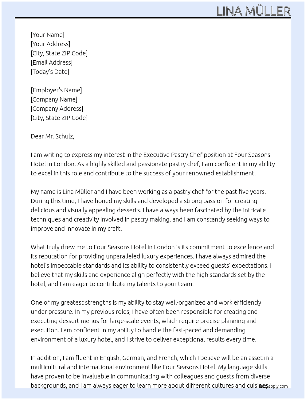 executive pastry chef At Four Seasons Hotel in London Cover Letter