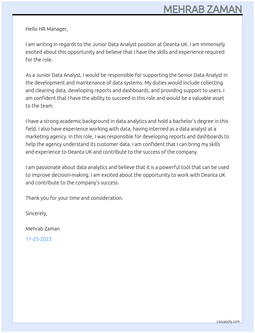 Junior Data Analyst At Deanta UK Cover Letter