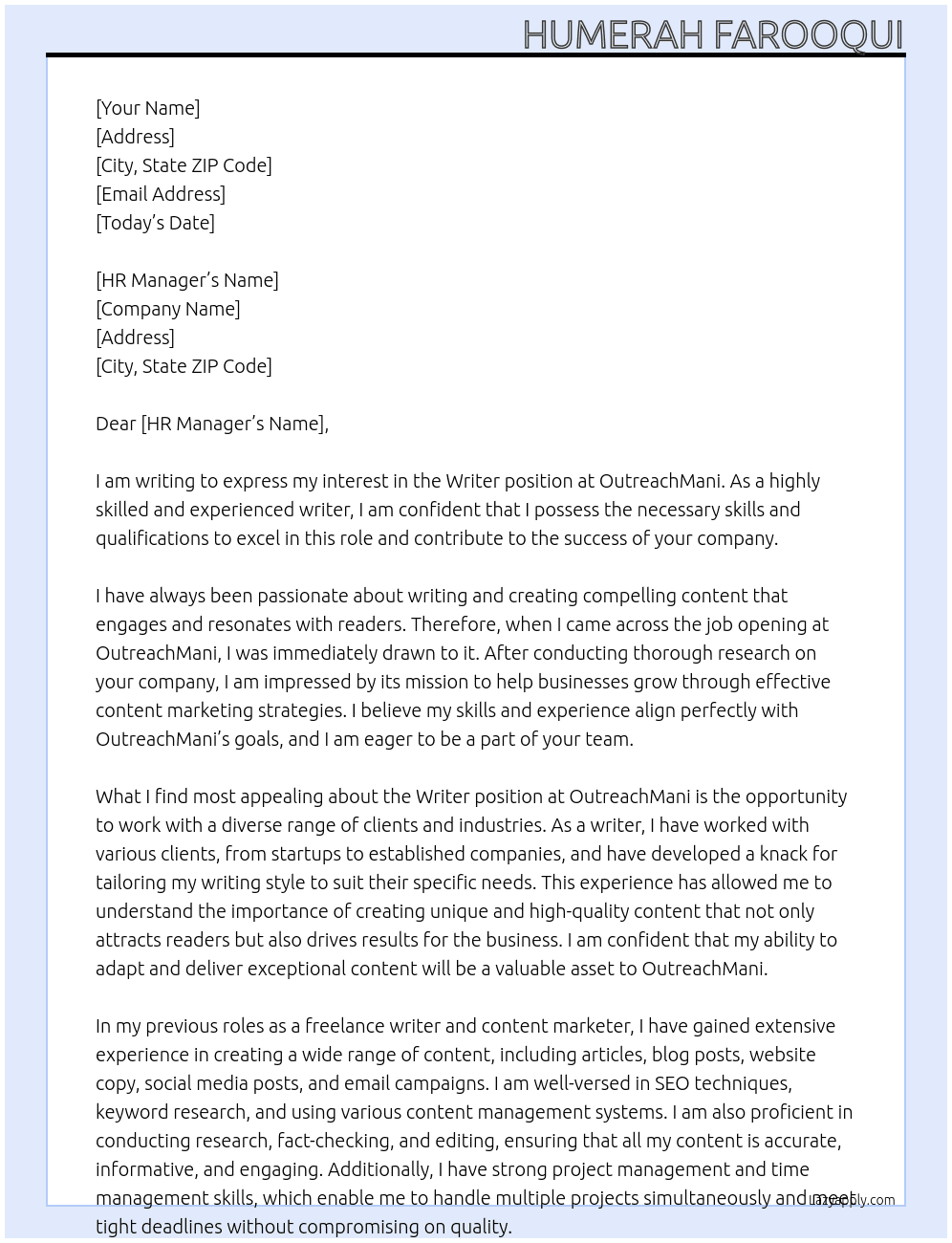 Writer At OutreachMani Cover Letter