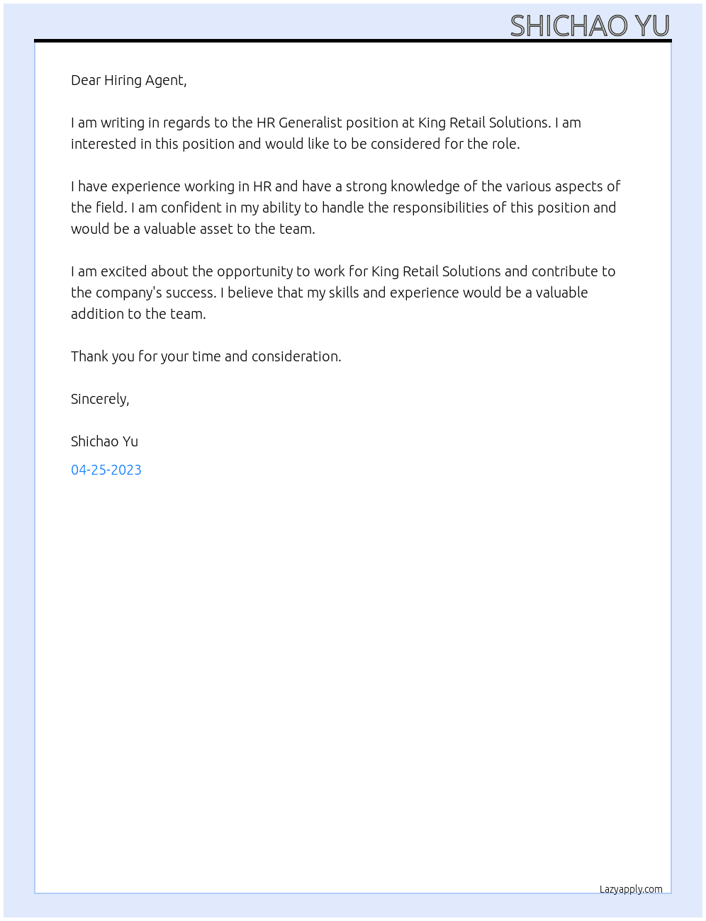 HR generalist At King Retail Solutions Cover Letter