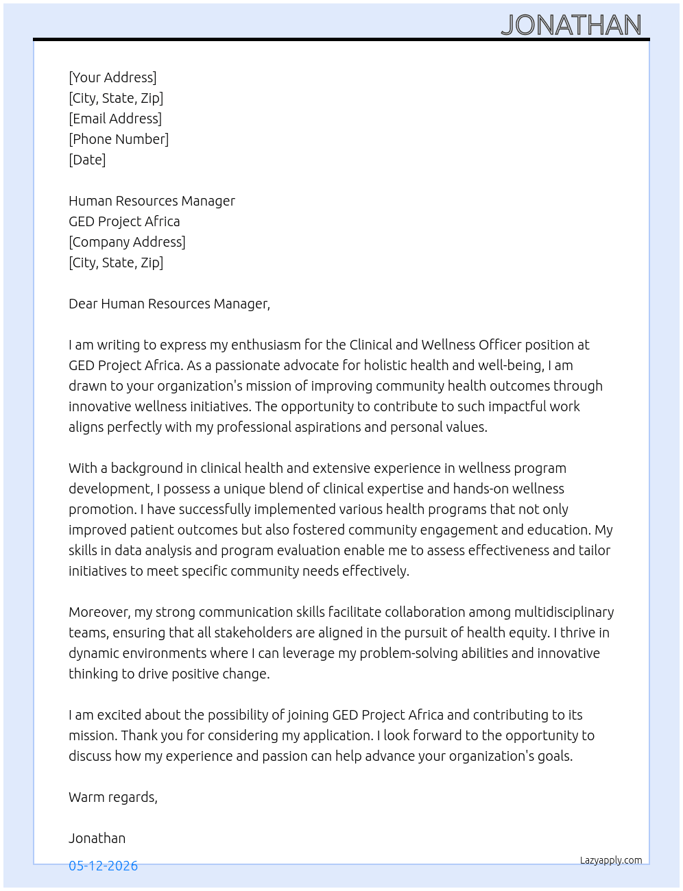 Clinical and wellness officer At GED Project Africa Cover Letter